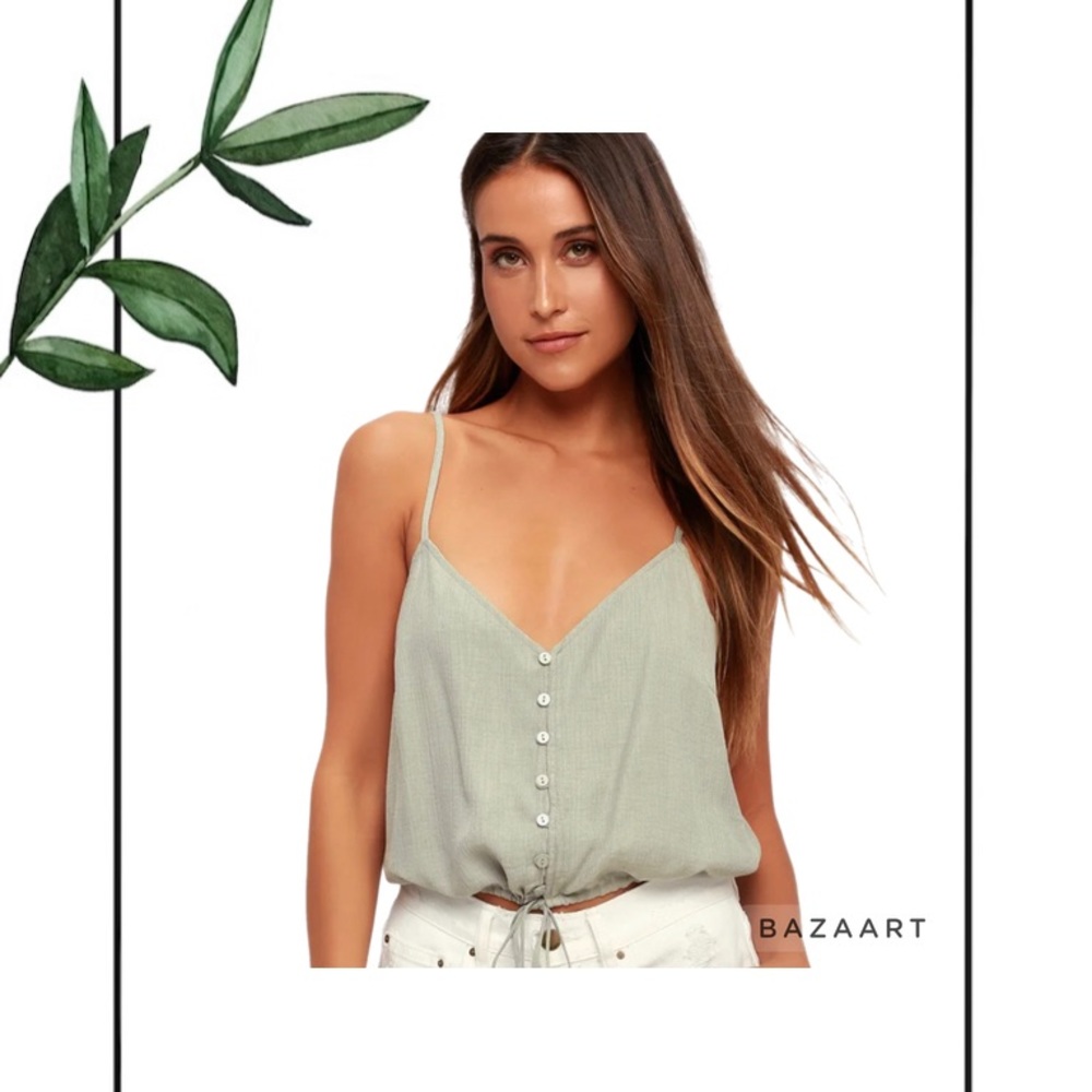 Lulus Eastport Dusty Sage Button Up Cropped Tank Top